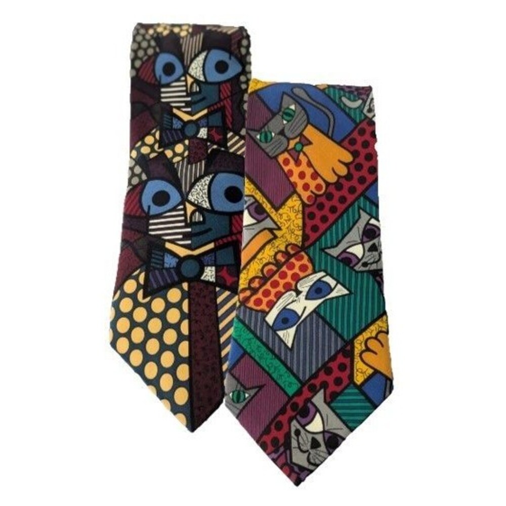 VTG Romero Britto Silk Necktie Multicolor Pop Art Abstract Cat Face 90s LOT OF 2